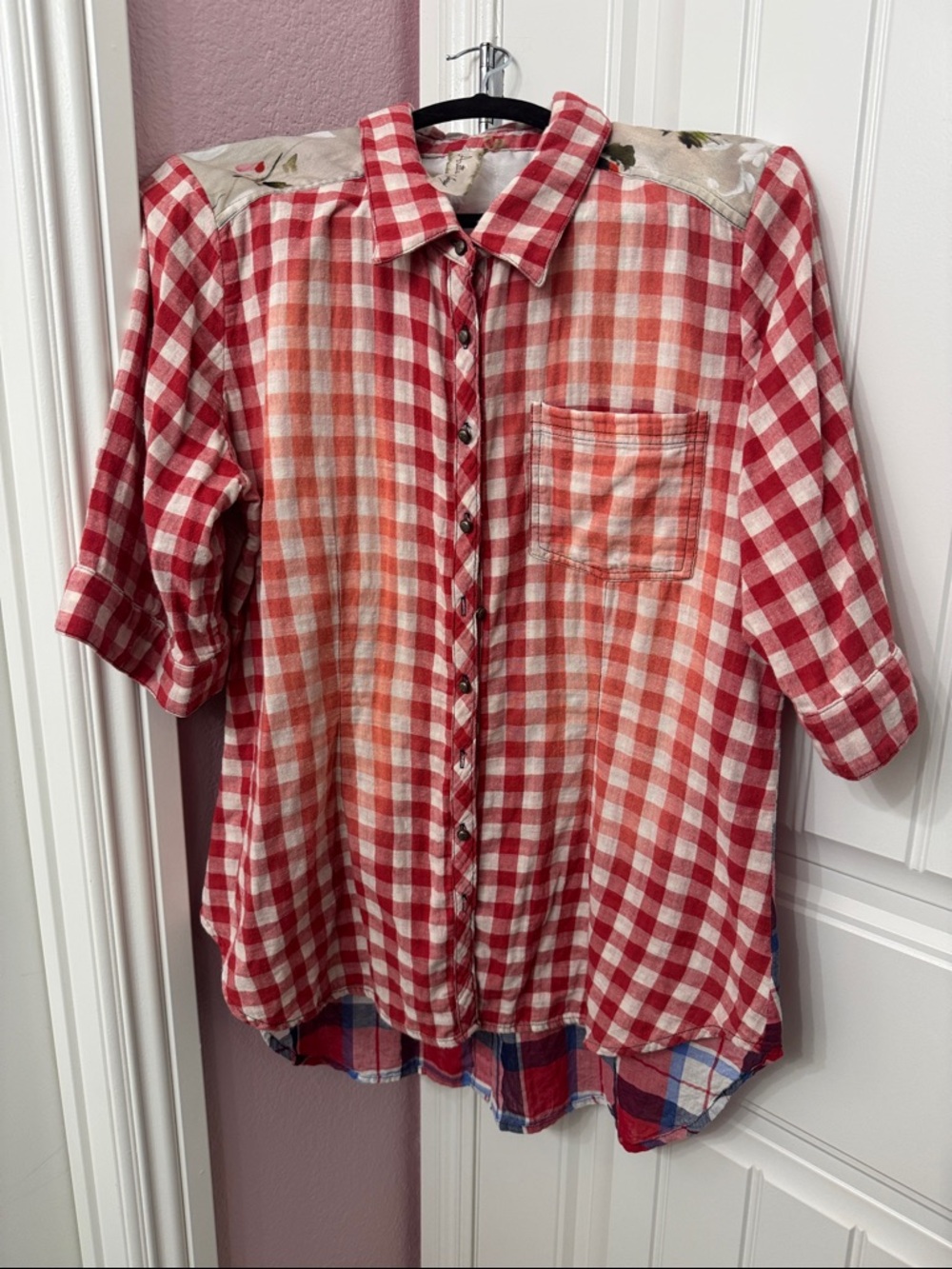 Aratta Red and Cream Gingham Button-Front Shirt with Embroidered Yoke